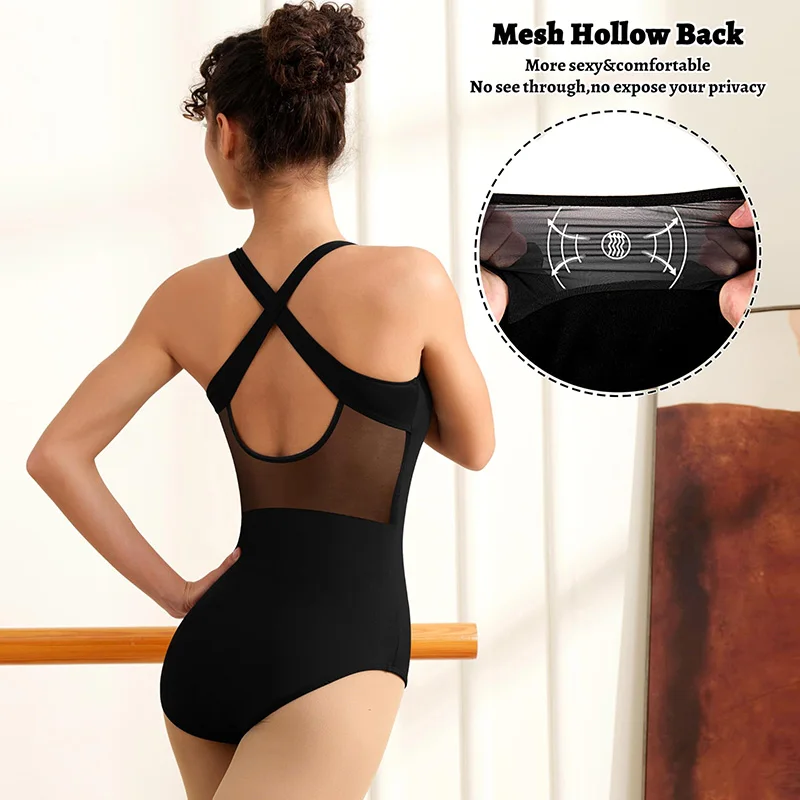 المرأة شبكة بلا أكمام بروتيل الباليه ملابس رقص الجمباز للكبار القمم مع تقاطعات الأشرطة جوفاء الظهر وبطانة ناعمة