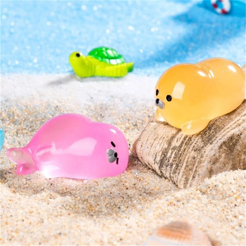 Mini Cartoon Cute Colorful Seal Luminous Toy Animal Beach Ocean Micro Landscape Ornaments Car Home Decoration DIY Accessory Gift