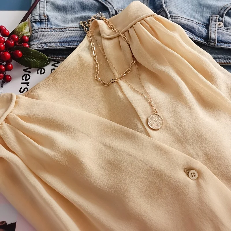 Birdtree, chemisier 100% soie véritable, hauts décontractés à col en v Double couche pour femmes, simple boutonnage, manches complètes, nouvelle chemise ample 2025 T5D403JF