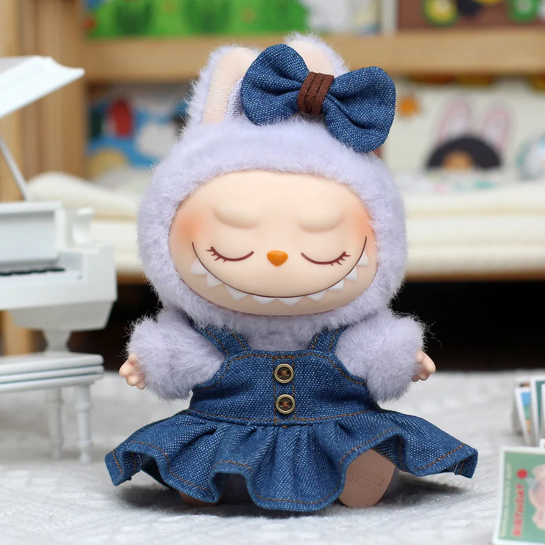 17 cm Labubu-Puppe, modisches Anzieh-Set, Jeansrock und Schleife, Ropa Labubu-Kleidungszubehör, V2/V1/V3, DIY Mini-Puppen-Outfits