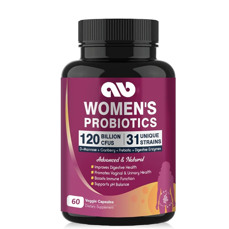 

Women's digestive health probiotics, containing digestive enzymes, prebiotics, D-mannose, and cranberries