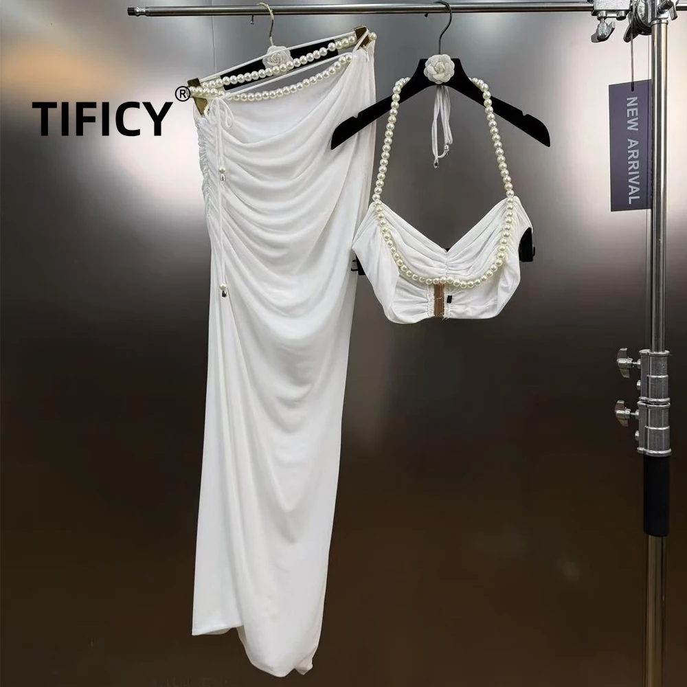 High Street 2pc Set Pearl Hanging Neck Pleated Backless Camisole Top with Exposed Navel and Chest Wrapped Long Skirt Set