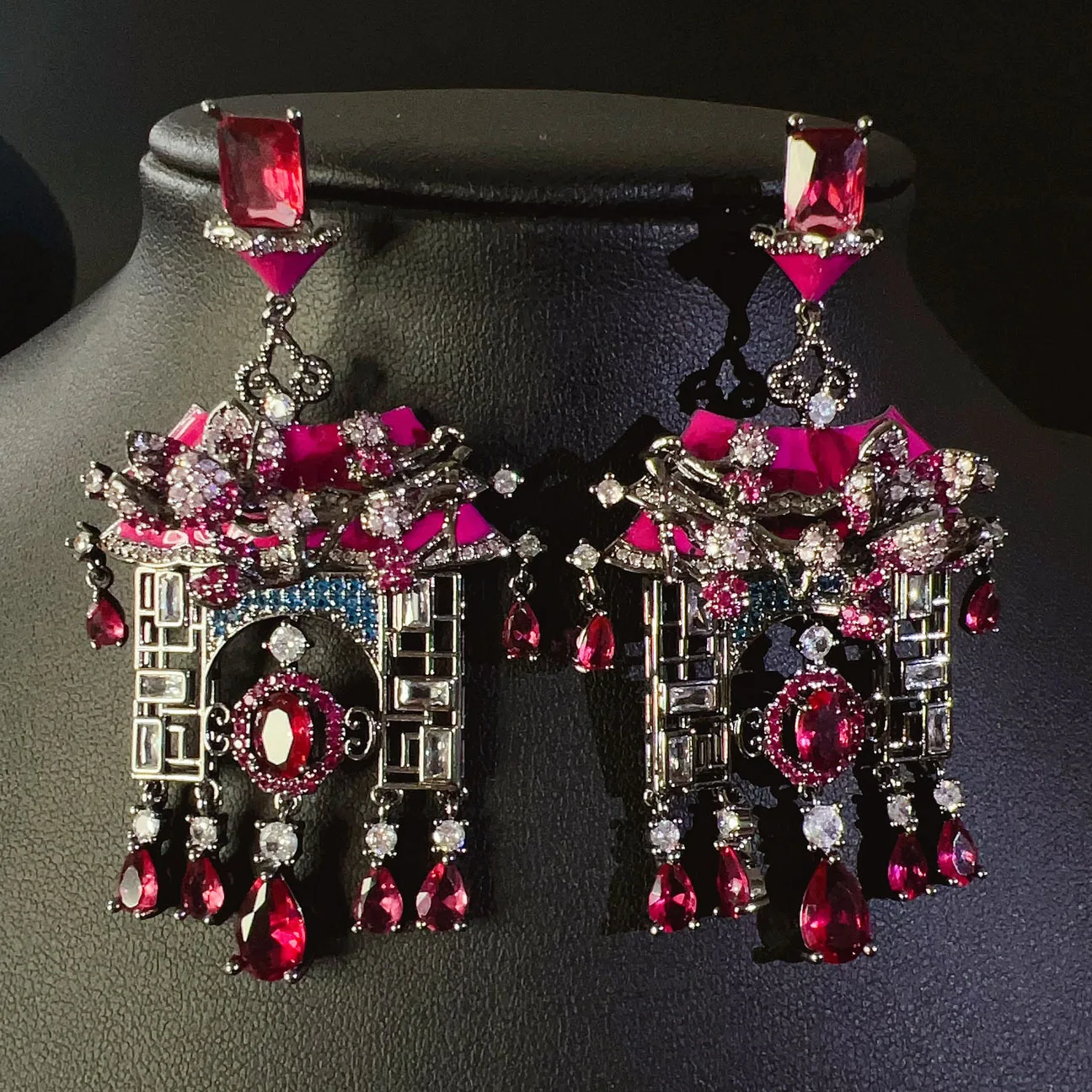 

Chinese style luxury earrings for women colorful blue yellow fushia pink zirconia large long pendant earrings gown jewelry party