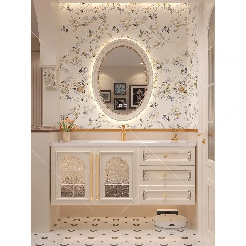 

French oak cream style bathroom cabinet combination ceramic integrated basin bathroom hand washbasin