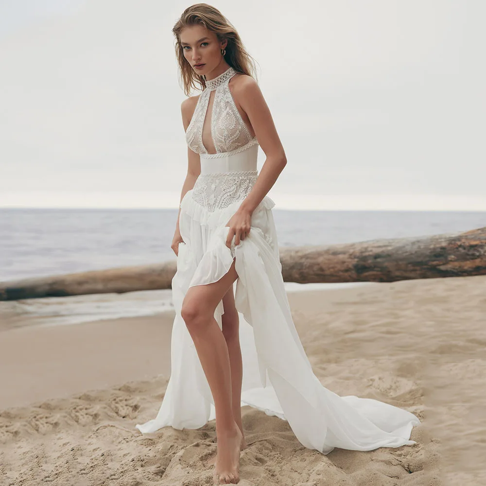 Customized White Halter Deep V Lace Chiffon Beach Wedding Dress with High Slit Vestido De Novia Bohemian Sleevelss Bridal Gowns