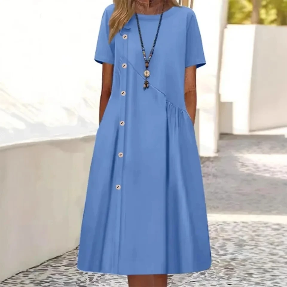 

Robe Femme Summer Women's New 2026 Dress Office Versatile Commuting Round Neck Short Sleeve Solid Color Button Pocket Long Skirt
