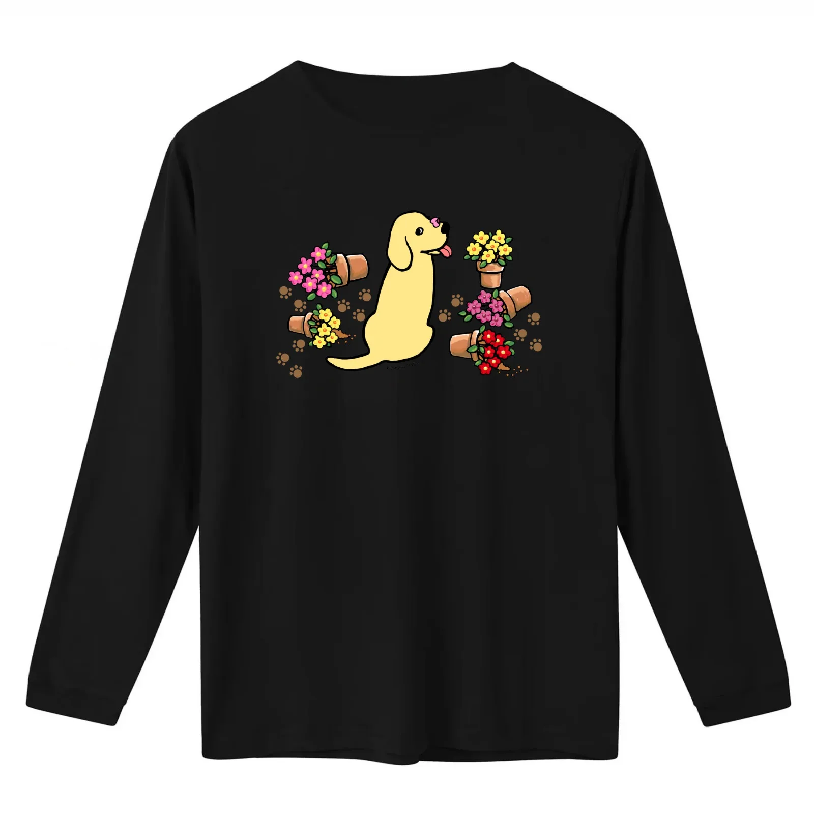 Yellow Labrador Flower Pots T-Shirt Summer Casual Cotton Tee Oversized Streetwear Tops Vintage Graphic Print 100% Cotton