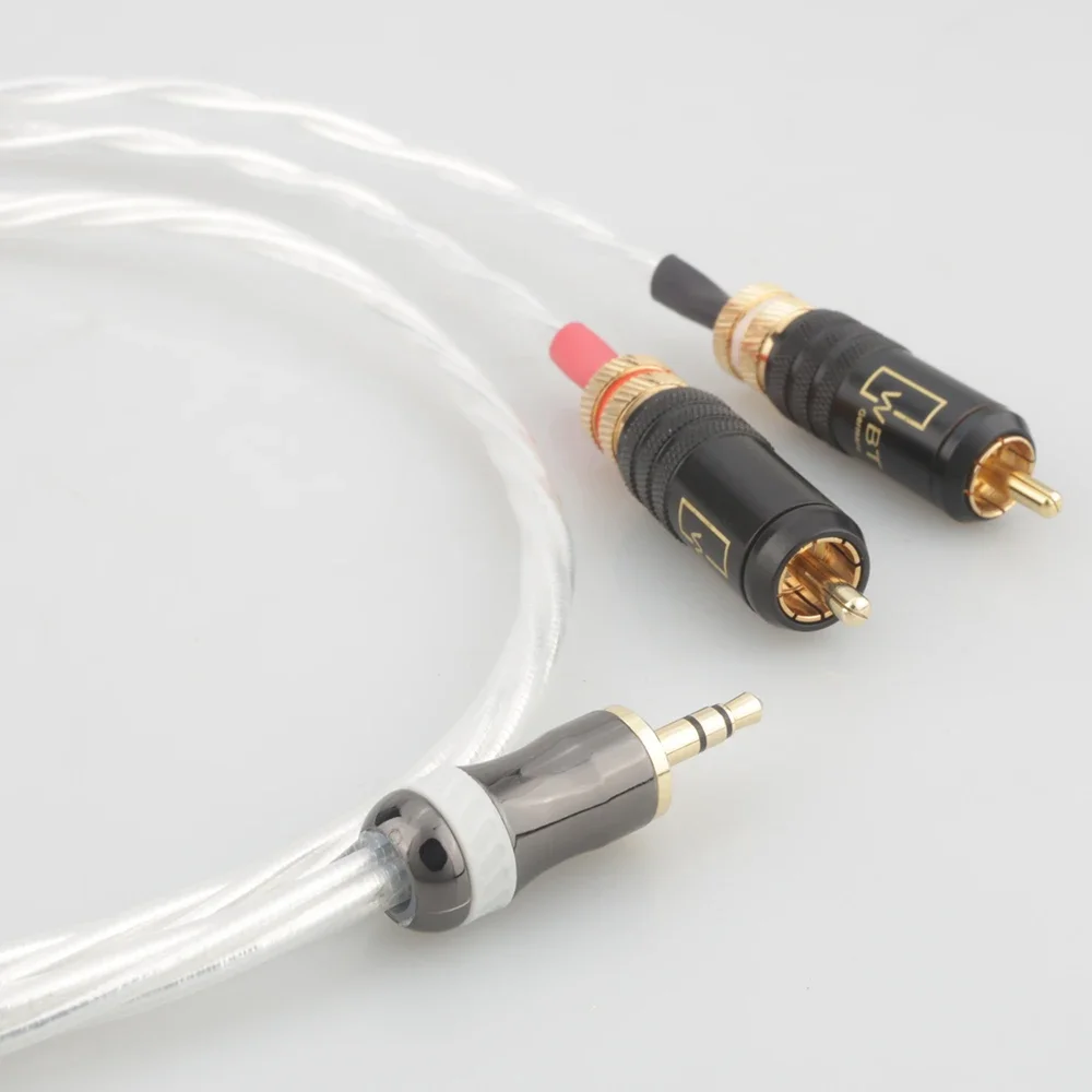 HIFI Audiophile Silver AUX 3.5mm Headset Plug to 2RCA Jack Audio Signal Line Computer and Audio Connection Cable