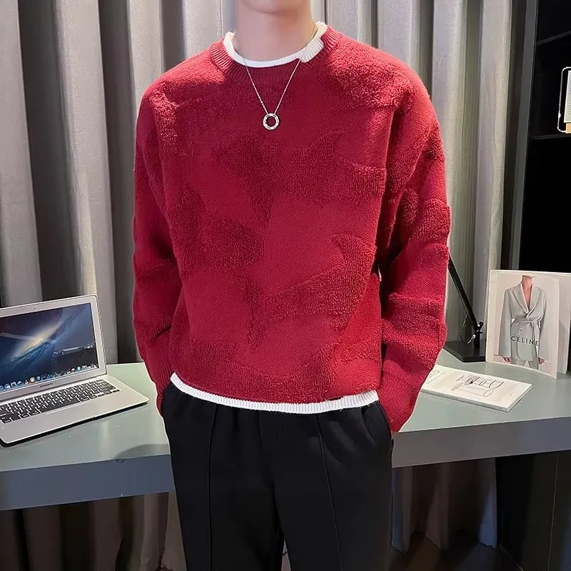 

Осенне-зимняя мужская трикотажная футболка-имитация двойки большого размера (до 250 фунтов), базовый слой, внутренняя одежда, новинка 2025 года, повседневный студенческий стиль