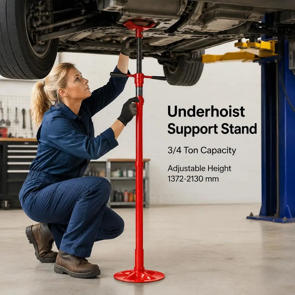 Support de levage sous le véhicule, capacité de 3/4 de tonne (1653 lb), hauteur de levage de 54,02 à 83,86 pouces, poignée rotative montée sur roulement, vis filetée autobloquante, supporte les composants du véhicule.