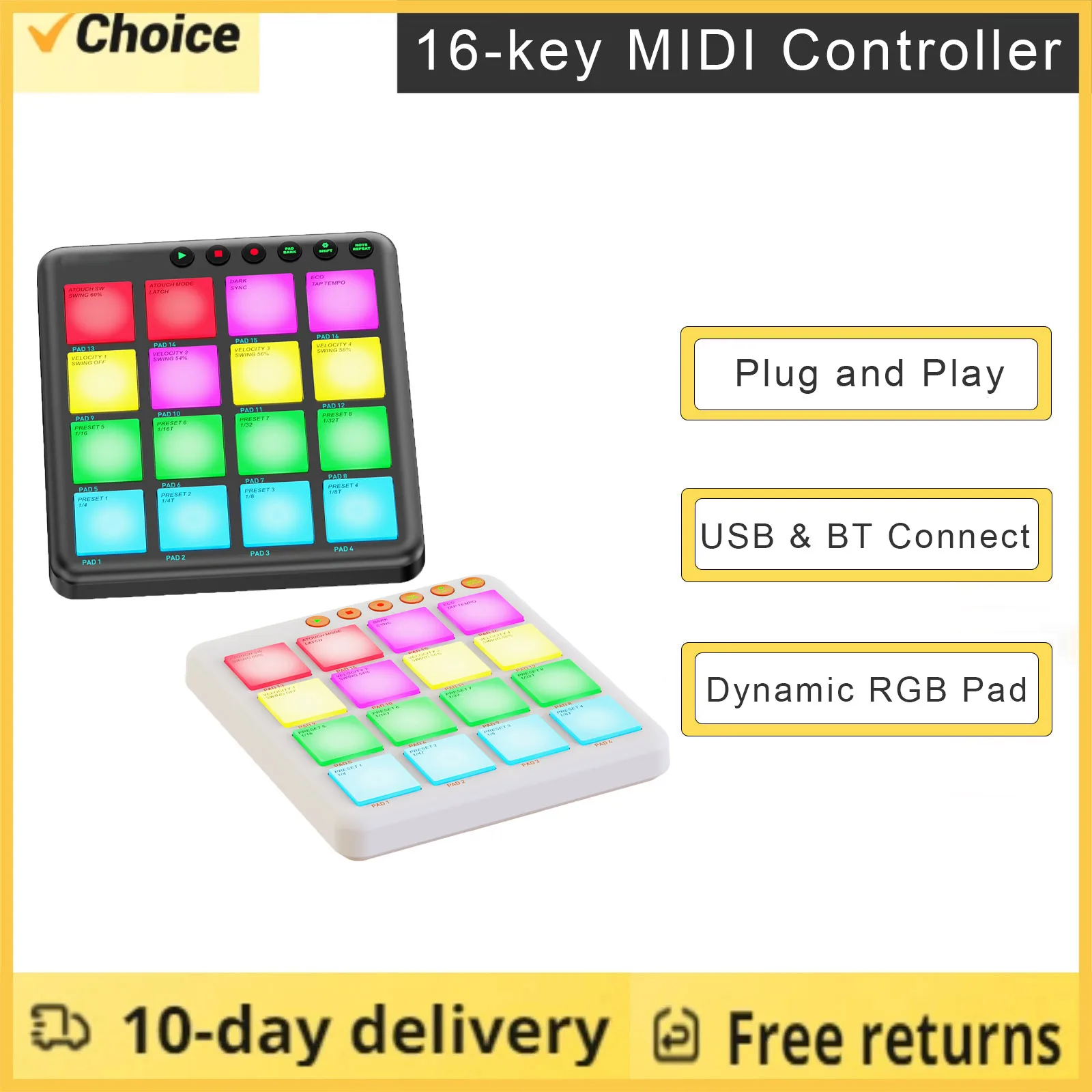 

MIDI-контроллер с 16 динамическими RGB-клавишами, беспроводной MIDI-пэд с Bluetooth, перезаряжаемый, портативный, Plug and Play для создания и исполнения музыки