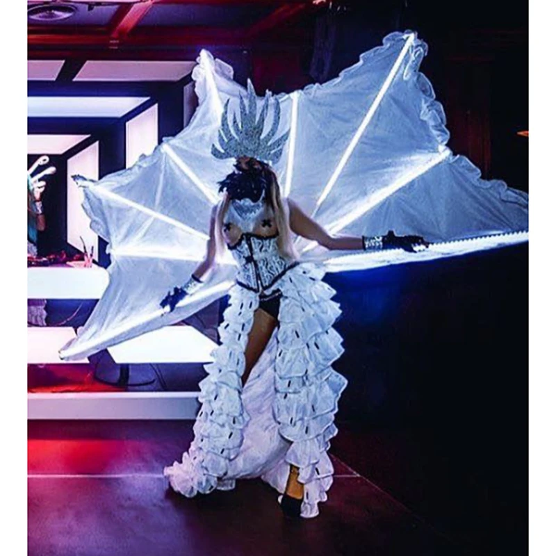 Luxury Open Festival Day Light Dress White Led  costume Women Park Paradise Party Event dance performance Festival Outfit