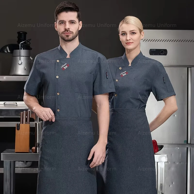Uniforme de chef preto masculino, camisa de chef respirável de manga curta, restaurante, cozinha, jaqueta de chef preta, avental, roupas de trabalho, logotipo feminino