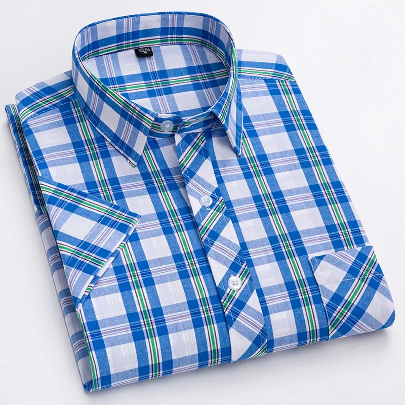 New in shirt summer thin 100%Cotton short sleeve shirts for men slim fit casual plaid tops soft fashion elegants retro clothes