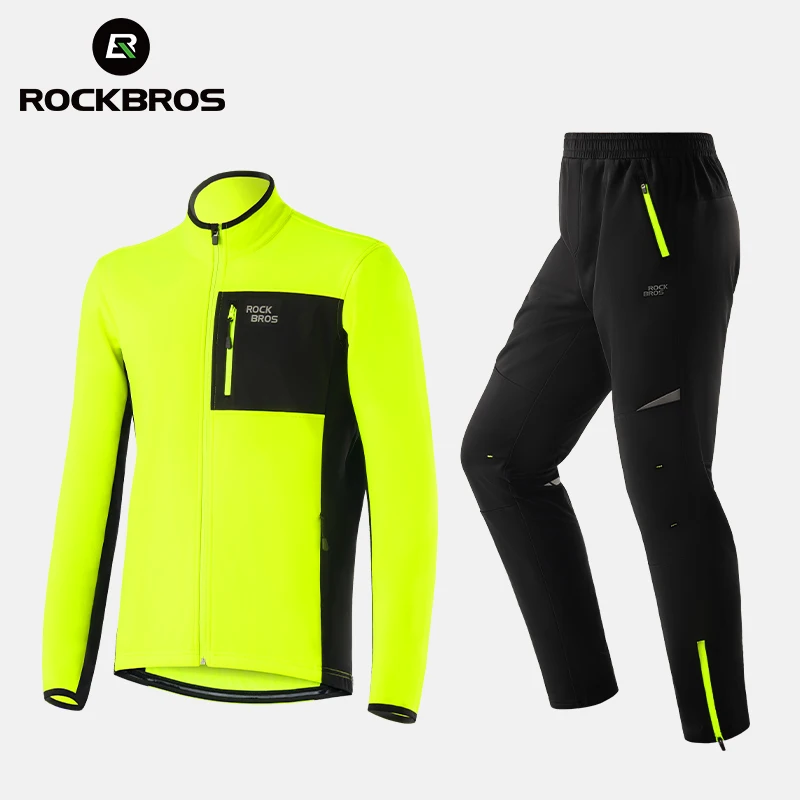 ROCKBROS Winter Cycling Suit Warm Thermal Windproof Highlight Reflective Cycling Suit Jacket Pants Men Outdoor Sports Suit Set