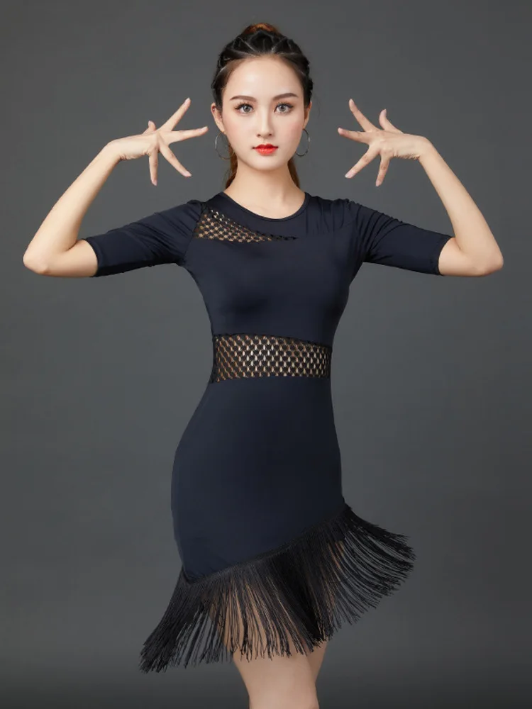 Tassel Latin Dance Dress 2024 Competition New Jazz Middle Sleeves Evening Beautiful Adult Women Costumes Mesh Patchwork Dress