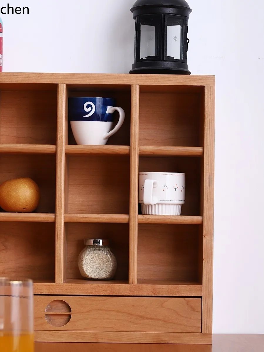 HT Solid Wood Grid Lucky Cup Holder Cup Display Rack Simple Grid Storage Shelf