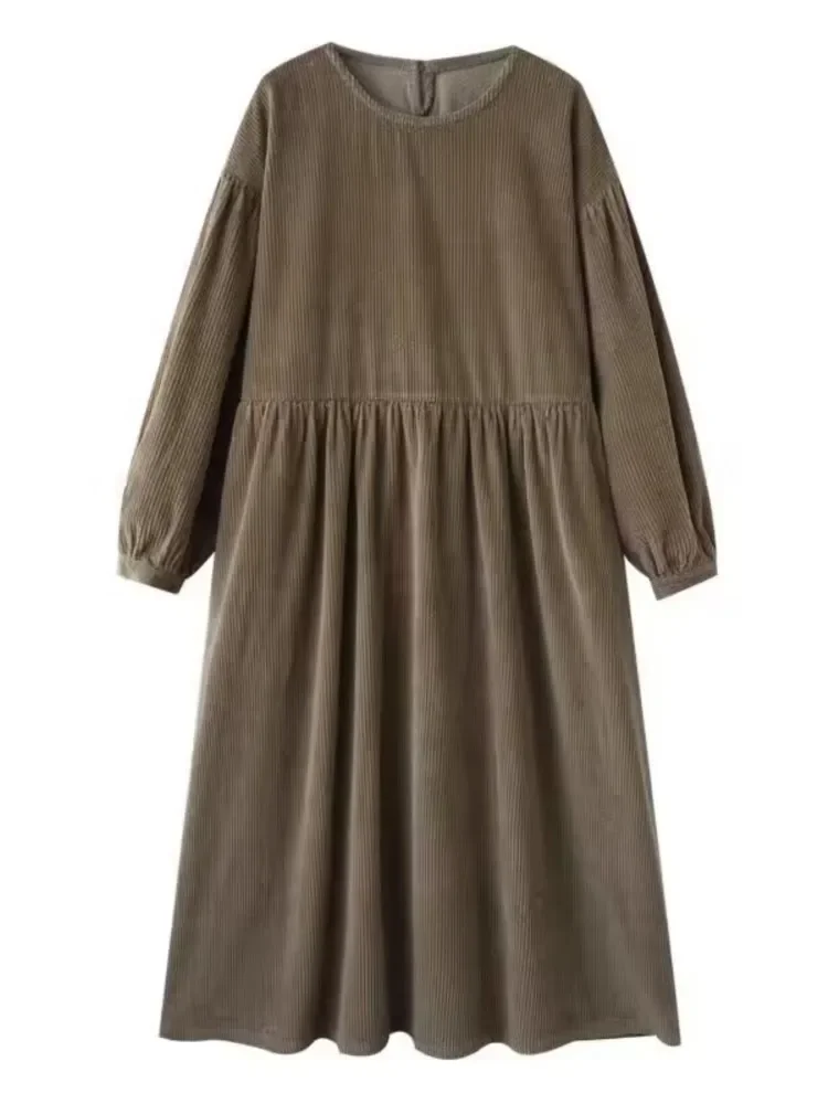 

Corduroy Autumn Winter Dress Women Loose Ruffle Pleated Fashion Ladies Long Dresses Casual Oversized Woman Long Sleeve Dress