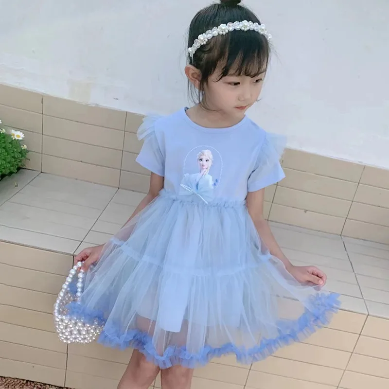 2024 Girls Elsa Dress Summer Dress New Children\'s Frozen Princess Dress Baby Mesh Puff Dresses Girl Short Sleeve Party Clothes