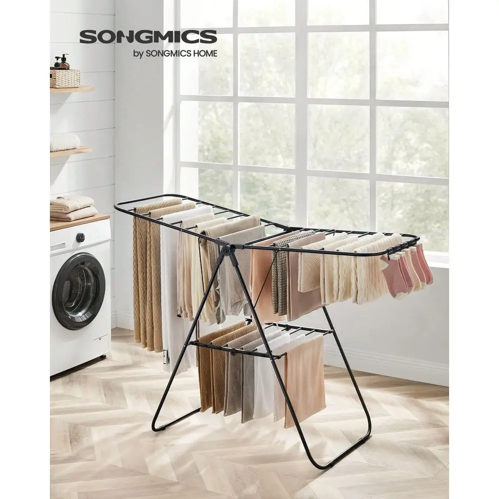 

Clothes Drying Rack, With Sock Clips, Metal Laundry Rack, Foldable, SpaceSaving, FreeStanding Airer, With HeightAdjustable Gull