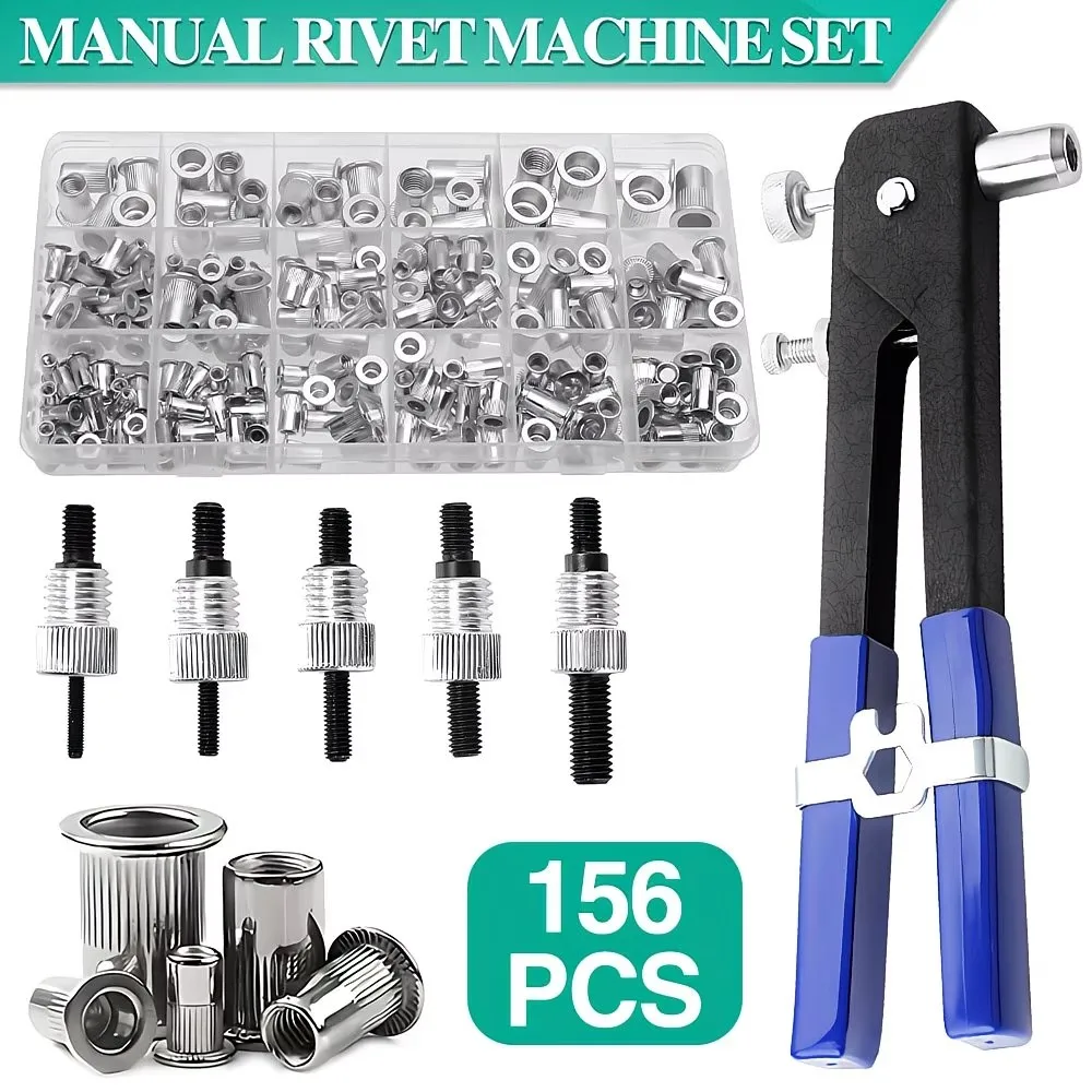 156pcs Manual Rivet Machine Set Assorted Rivet Nuts & Heads - Ideal for Metal/Plastic Riveting, DIY Repairs & Furniture Assembly