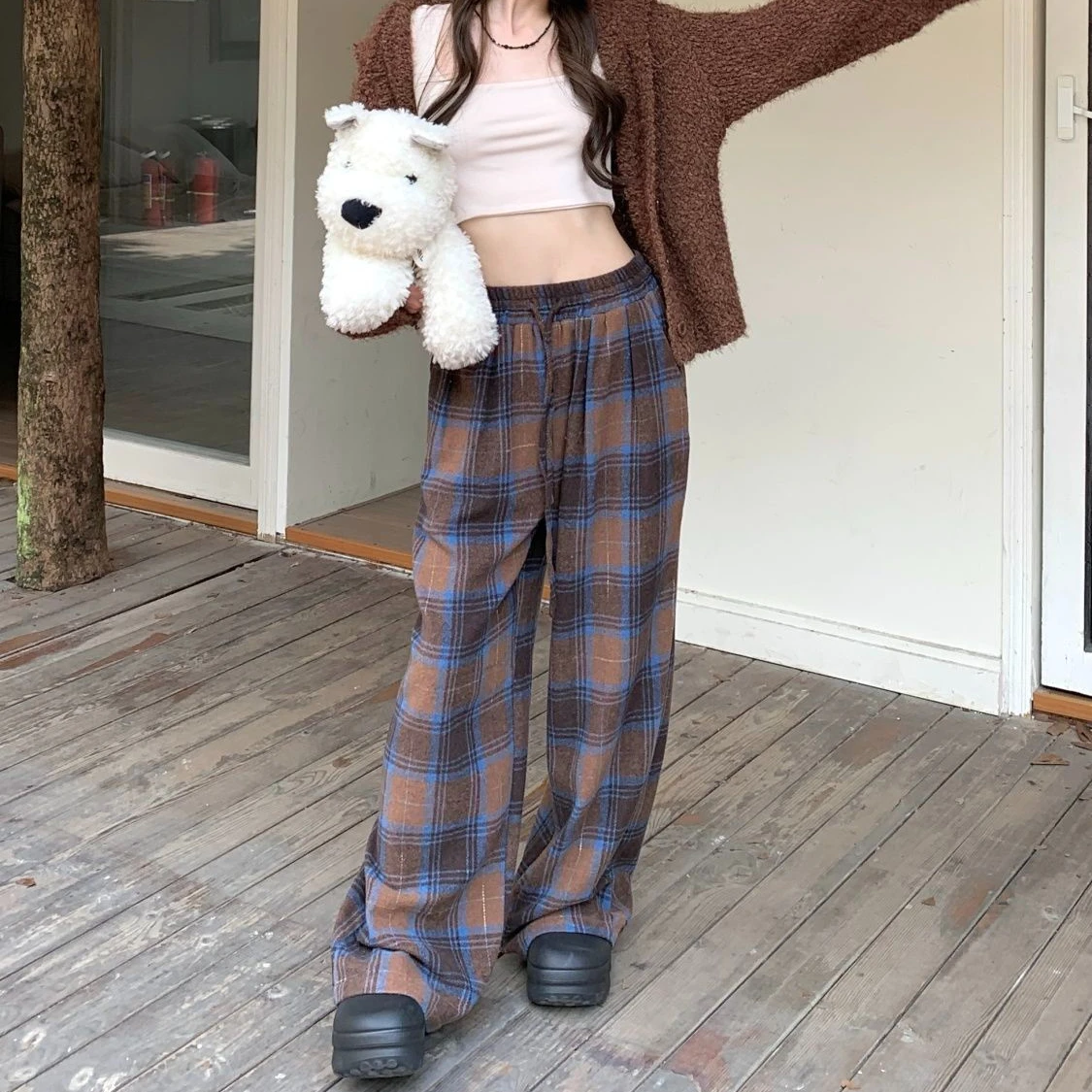 Plaid Pants Women Fashion Autumn Korean Style Simple Leisure All-match Breathable Female Vintage High Waist Straight Wide Leg