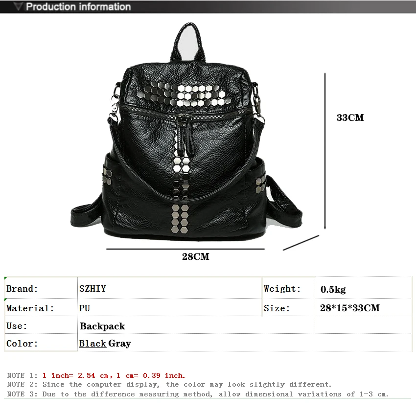 Soft Backpack Women Travel Bag with Rivets Large Capacity Classic Single Shoulder Backpack Washed Leather PU Multi-purpose Bag