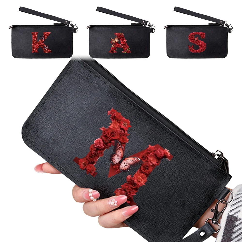 

Women Wallet RFID Blocking Clutch Zip Around Travel Leather Purse Credit Card Holder with Grip Hand Strap Red Rose Pattern