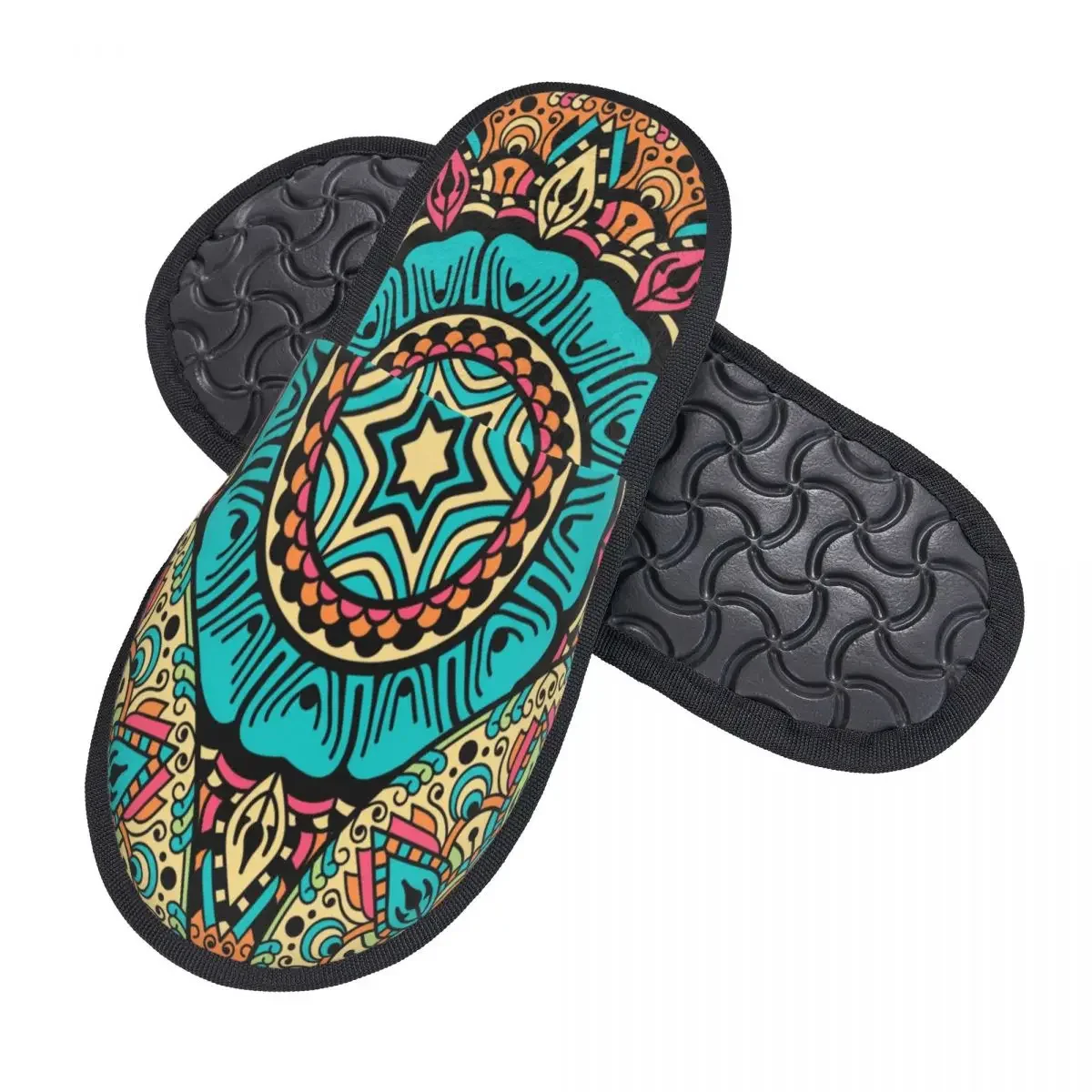 Winter Women Men Non-Slip Flat Slippers Indian Ethnic Print Indoor Fur Soft Warm Shoes