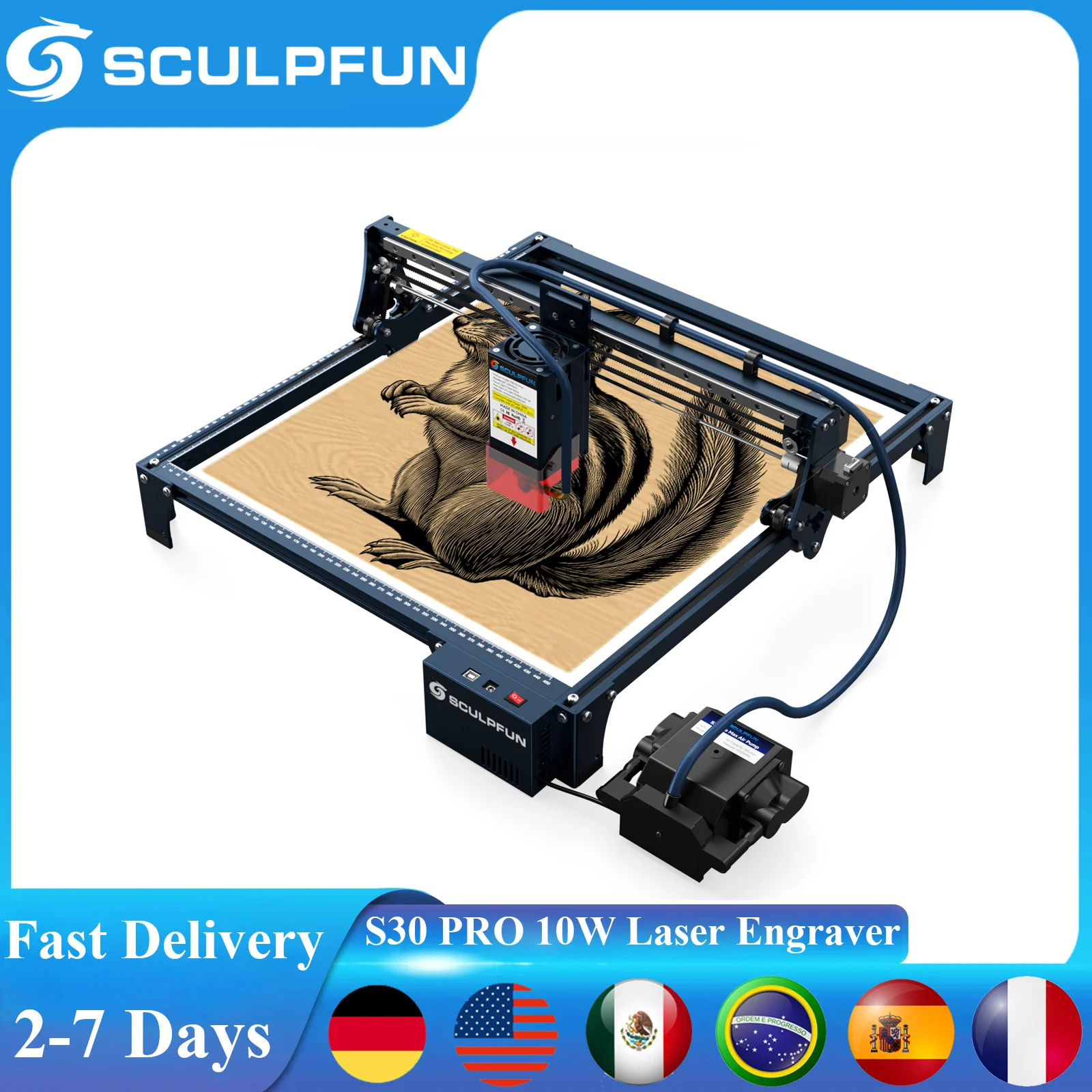 

SCULPFUN S30 PRO Лазерная гравировка 10 Вт Лазерный гравировальный станок с ЧПУ с 32-битной автоматической системой сменной линзой для защиты глаз