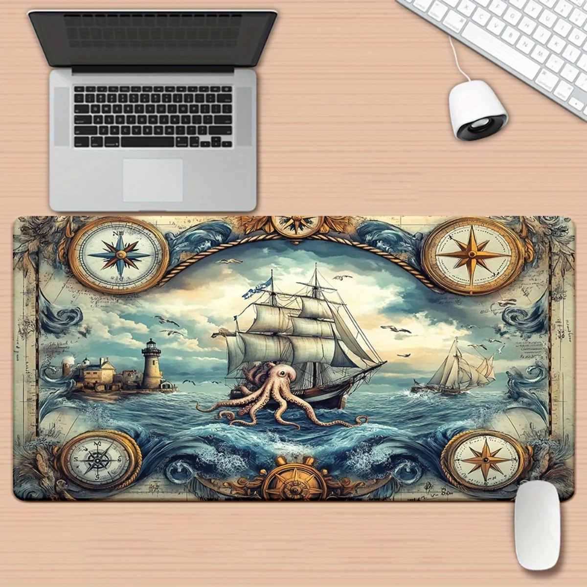 Nautical Octopus Ship Mousepad Large Rubber Desk Mat for Gamers Office Maritime Theme