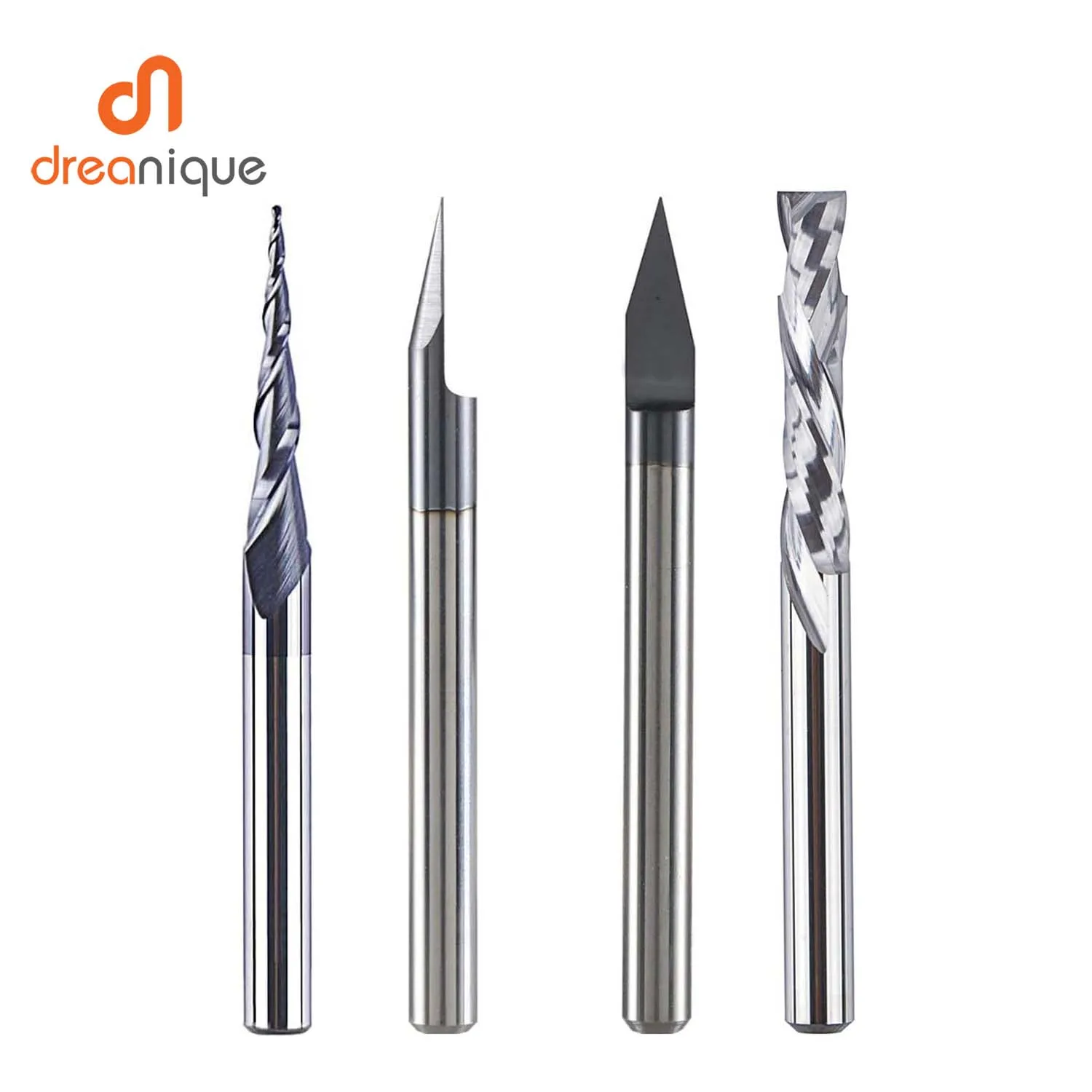 Dreanique 4pcs/set 3.175mm Shank Solid Carbide Spiral Milling Cutter Wood Cutter V-Groove Cutter End Mill for Wood Engraving
