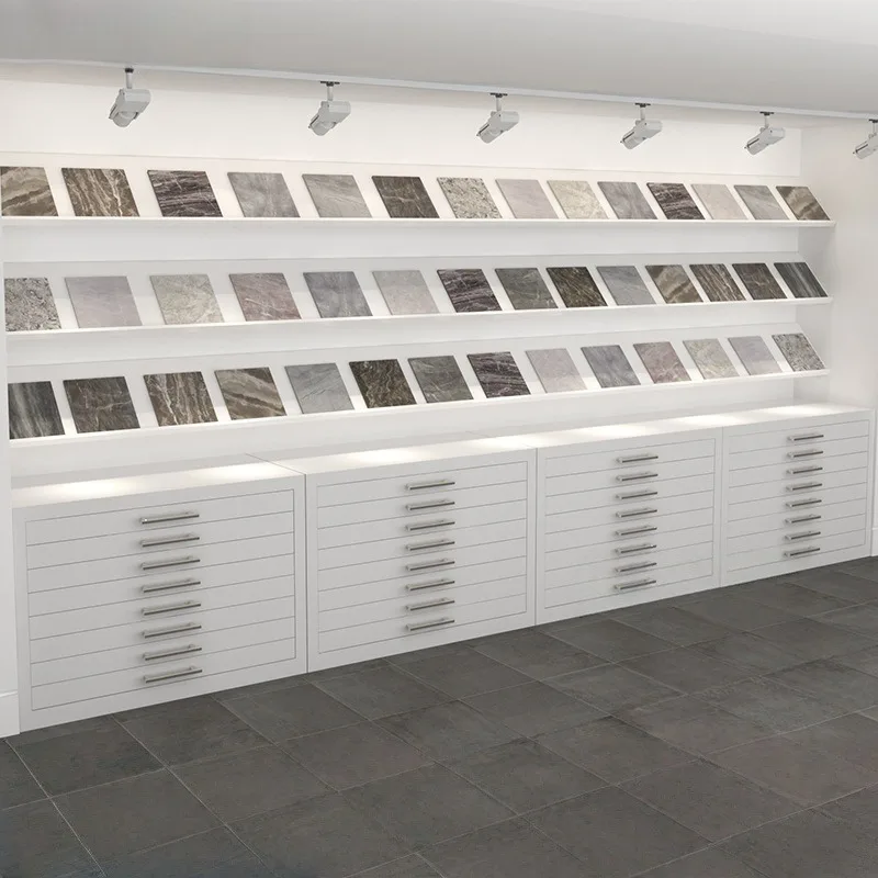 Eco-Friendly Custom Stone Tile Display Cabinet with Drawer Stone Sample Rack for Showroom Display