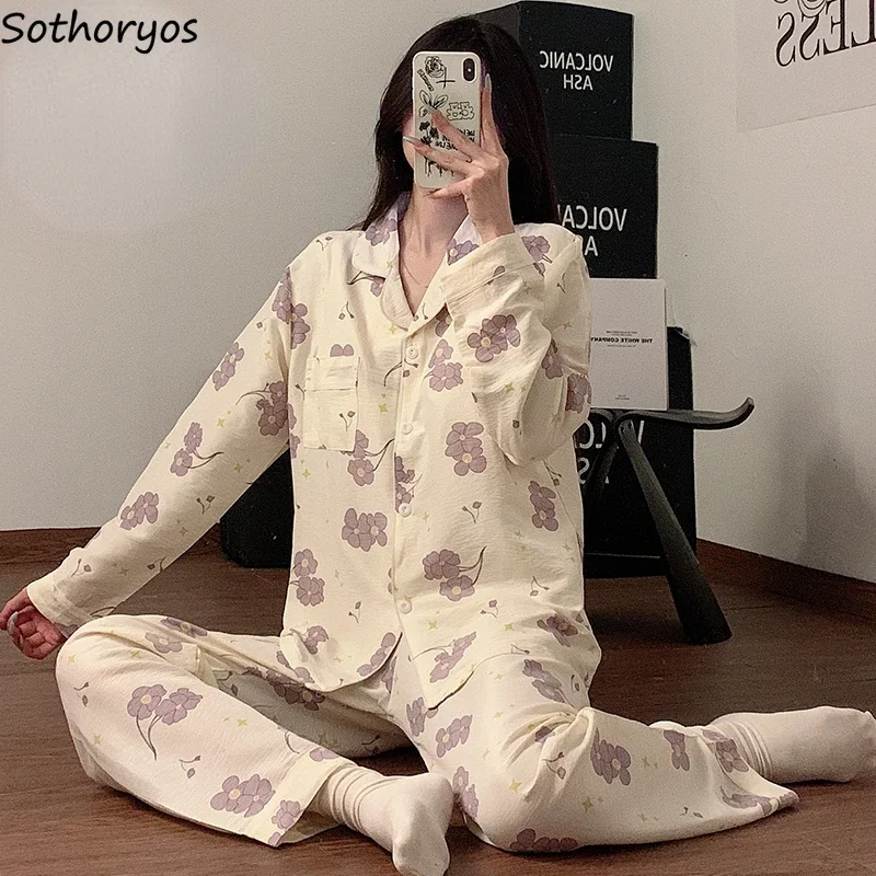 Pajama Sets for Women Spring Autumn Sweet Print Homewear Aesthetic Ulzzang Princess Tender Fashion Padded Sleepwear Students New