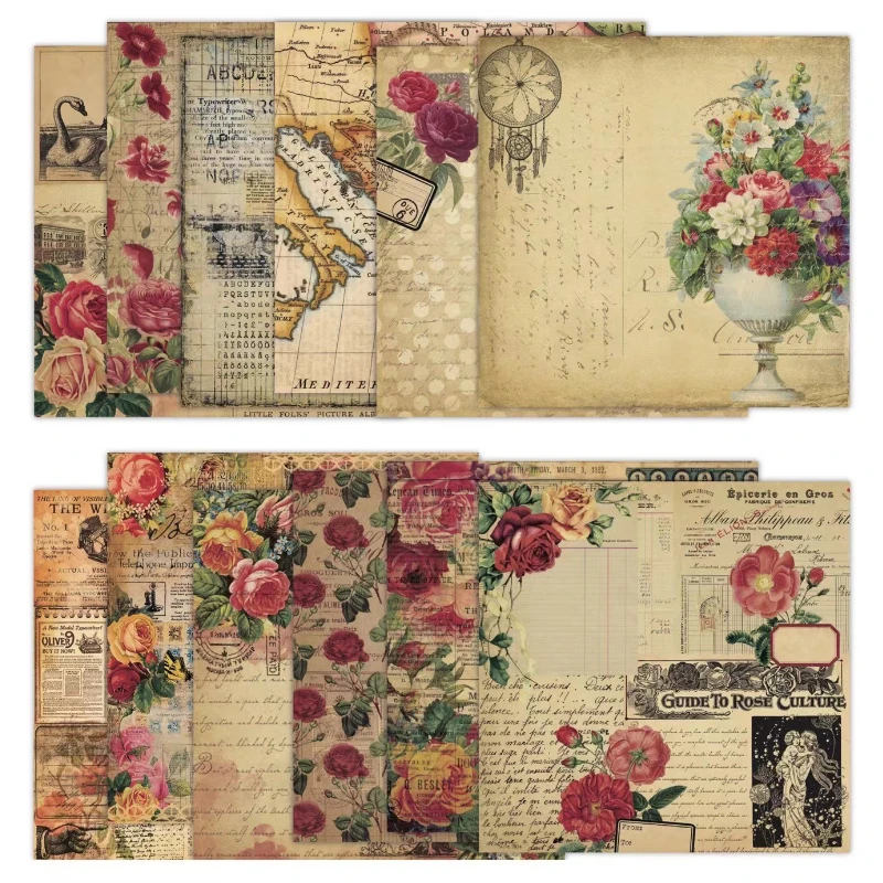 Scrapbook Pad Assorted Pattern decoupage Cardstock Paper Single-Sided Vintage Scrapbooking DIY Decorative Junk Journaling 24pcs