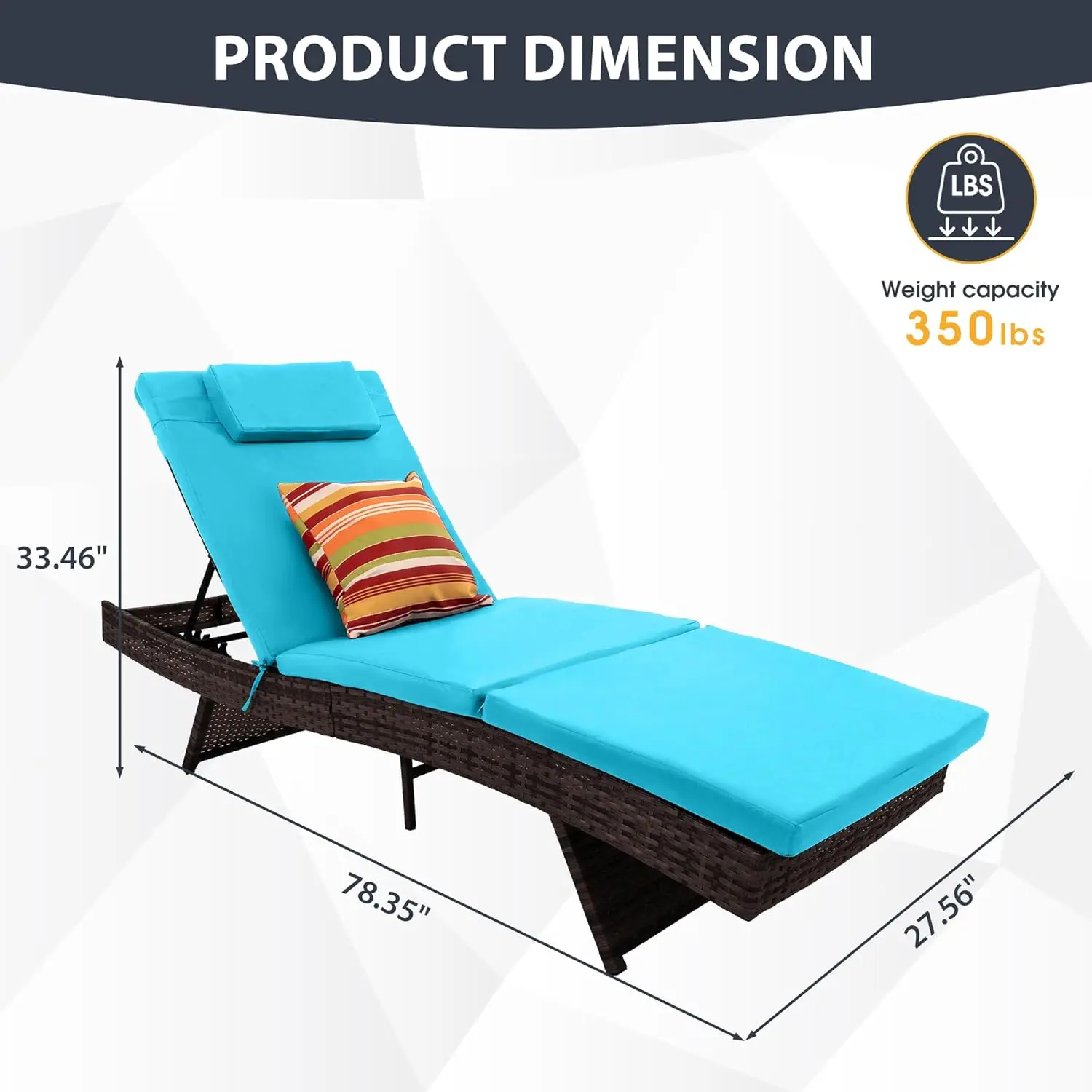 Sundale Outdoor WickerChaise Lounge Set of 2,  Adjustable Chaise Loungers with Cushions & Pillows for Deck, Indoor, Turquoise