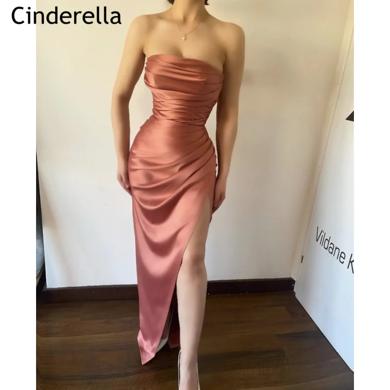 Sexy Prom Dresses Strapless Sleeveless Mermaid Side Slit Satin Prom Dresses With Lace Up Back vestidos de fiesta de noche Newest