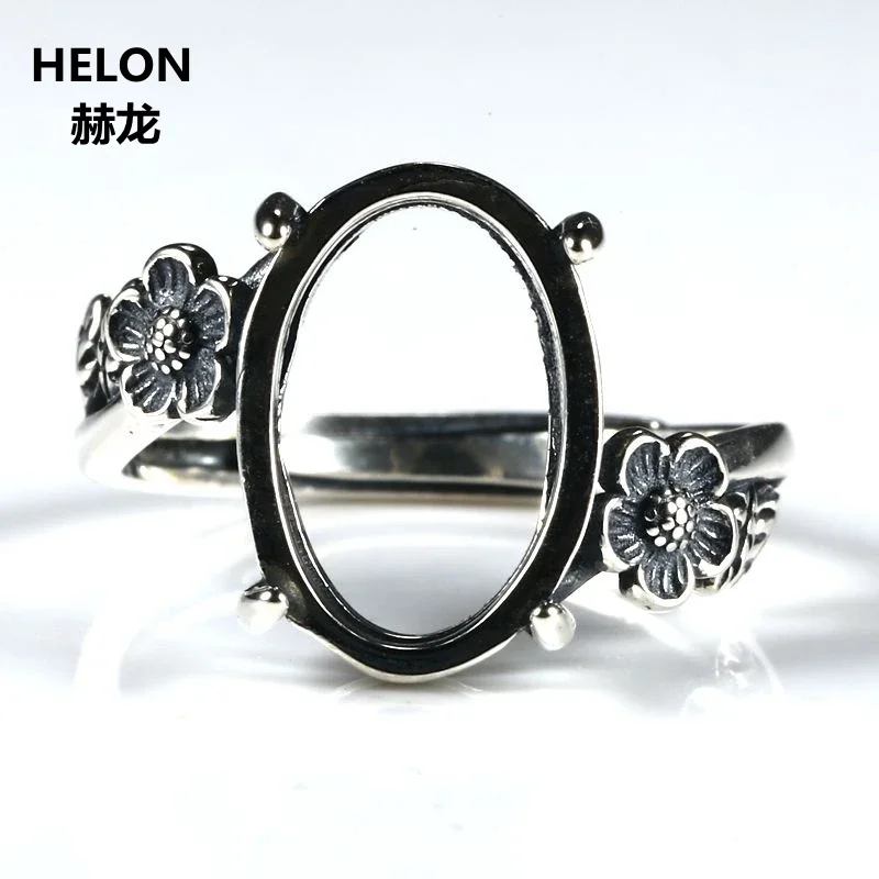 

Thai Silver Sterling Silver 925 Engagement Wedding Semi Mount Ring Oval Cabochon 10x13mm Setting Women Flower Vintage Art Deco