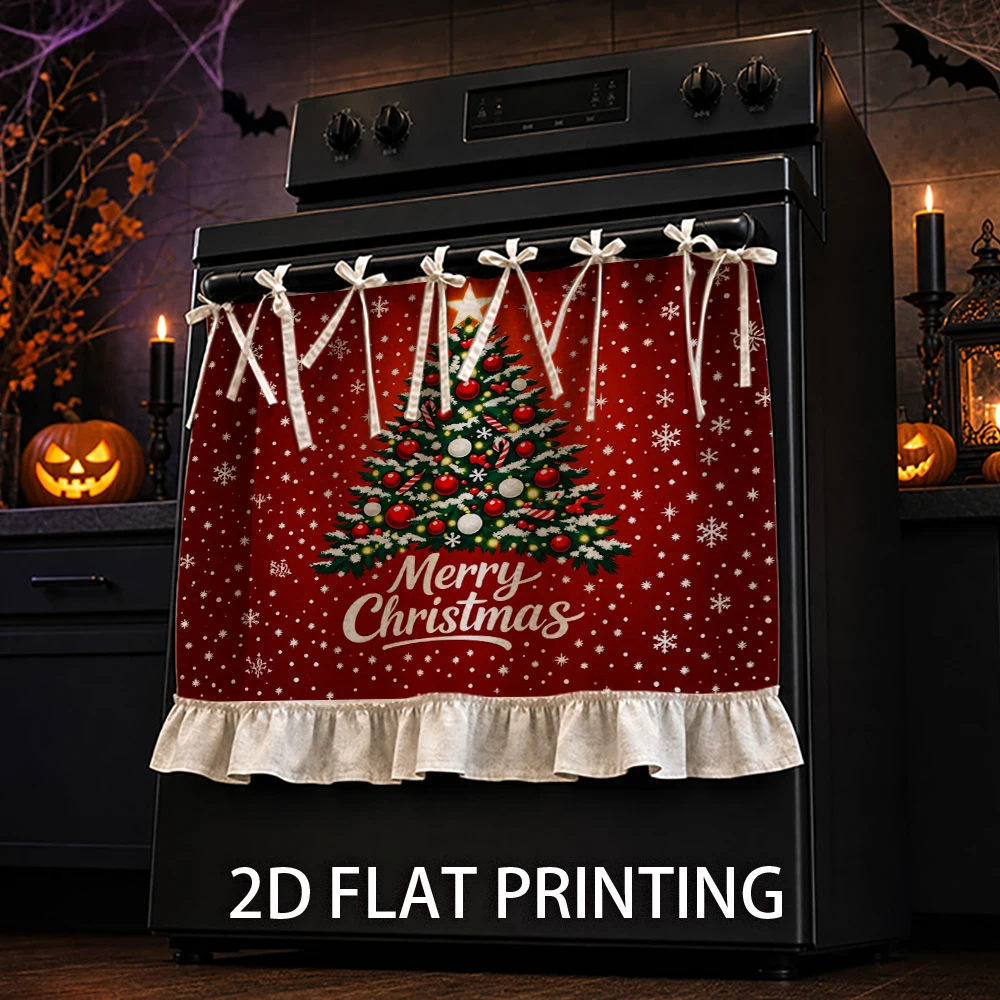 1PC Christmas Kitchen Curtain-Cabinet Curtain-Apron. Printed with Decorated Christmas Tree, Snowflakes and 'Merry Christmas'. Ca