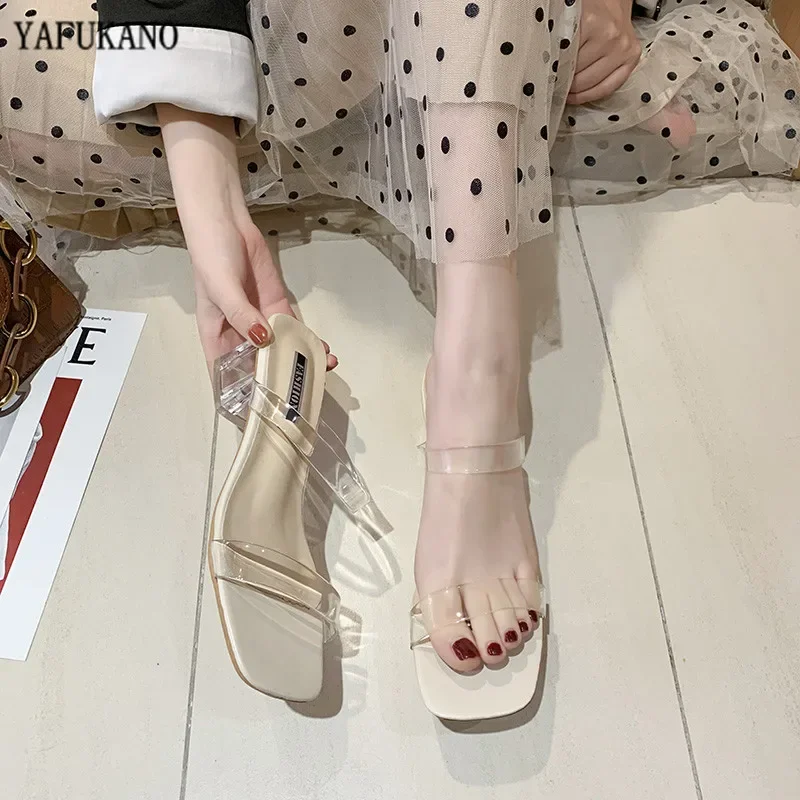 Women Slippers Shoes Celebrity Wearing Simple Style PVC Clear Strappy Buckle High Heels Woman Transparent Heels image 5