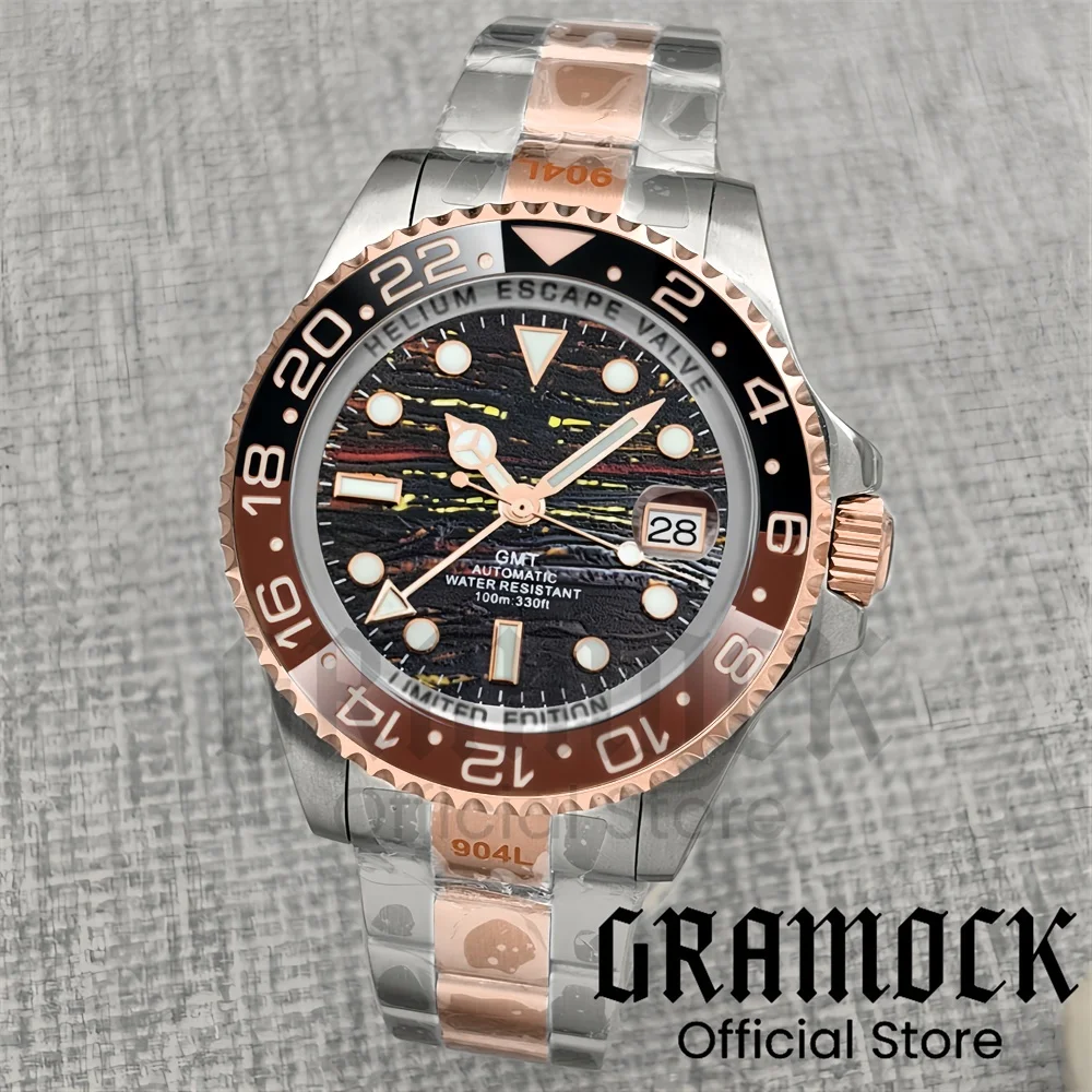 Gramock 43mm Rose Gold GMT Watch For Men Iron Tiger Eye Texture Men's NH34 Mechanical Watch Sapphire Glass Stainless Steel Strap