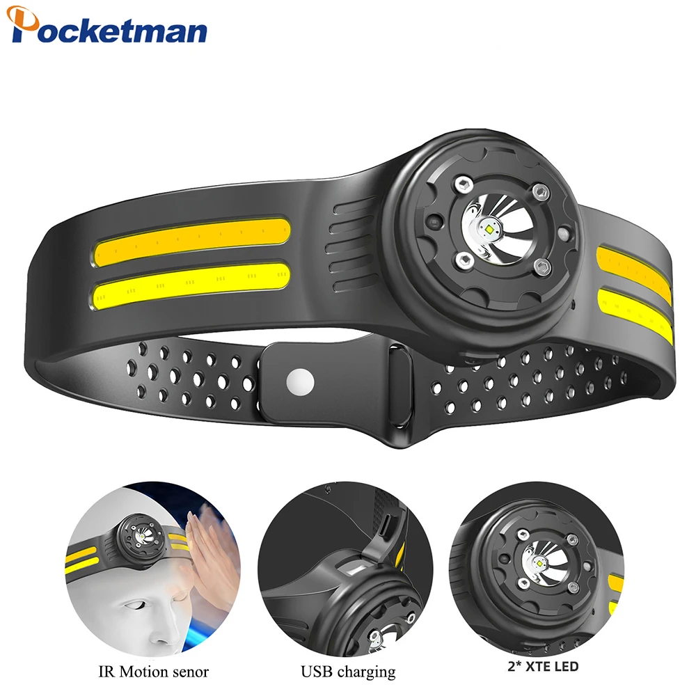 Most Powerful COB LED Headlamp USB Rechargeable 6 Modes Headlight IR Motion Sensor Head Lamp Waterproof Head Light Strong Light