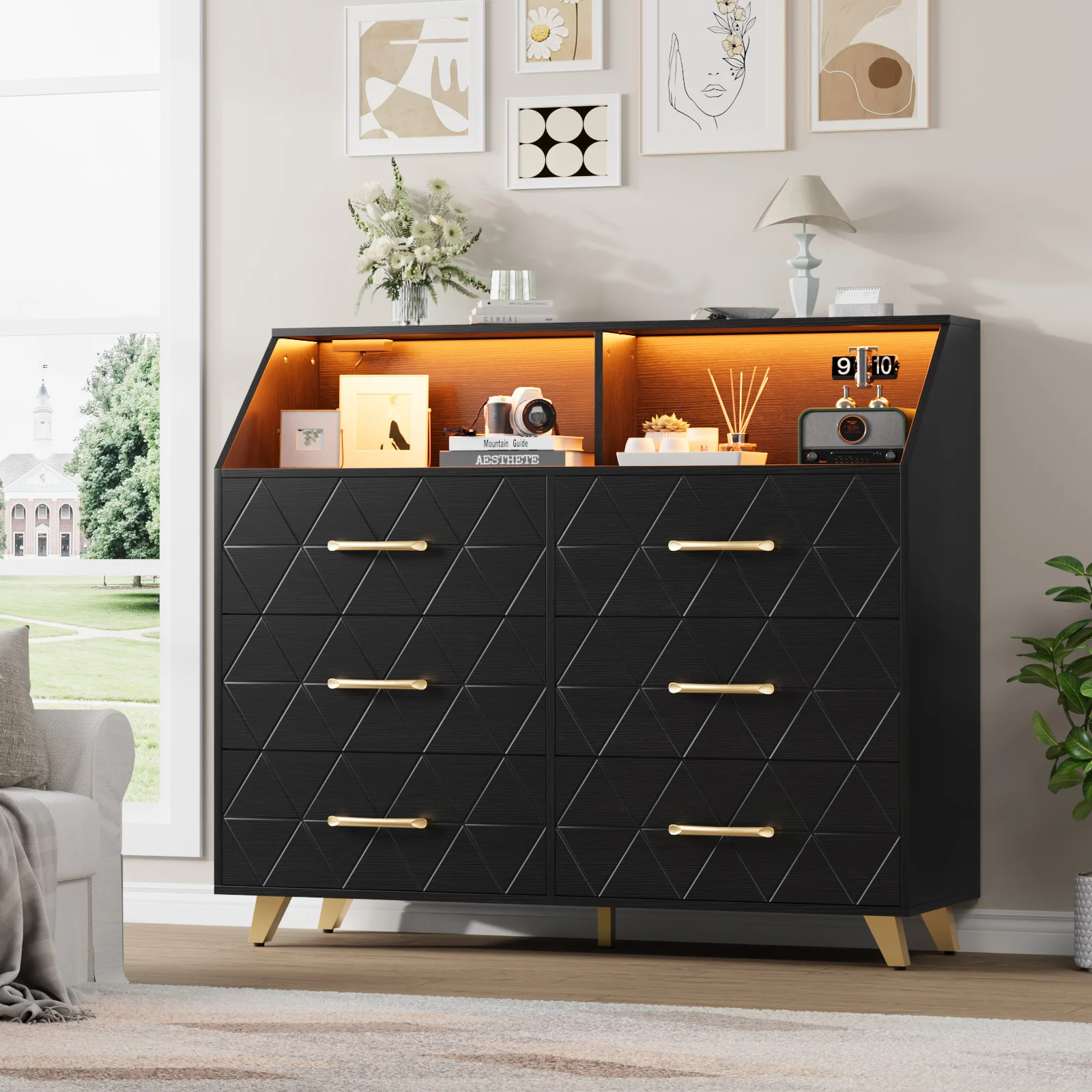 Modern 6 Drawer Dresser with LED Lights & Charging Station  Spacious Wooden Entryway Storage Cabinet  Gold Handles   Perfect for Bedroom Closet Hallway TV Stand Clothes Organizer