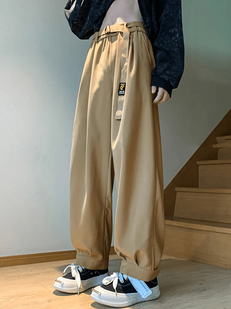 

Мужские брюки-шаровары цвета хаки с поясом, свободного кроя, струящиеся, осенние, повседневные, прямые, рабочие, в стиле хип-хоп