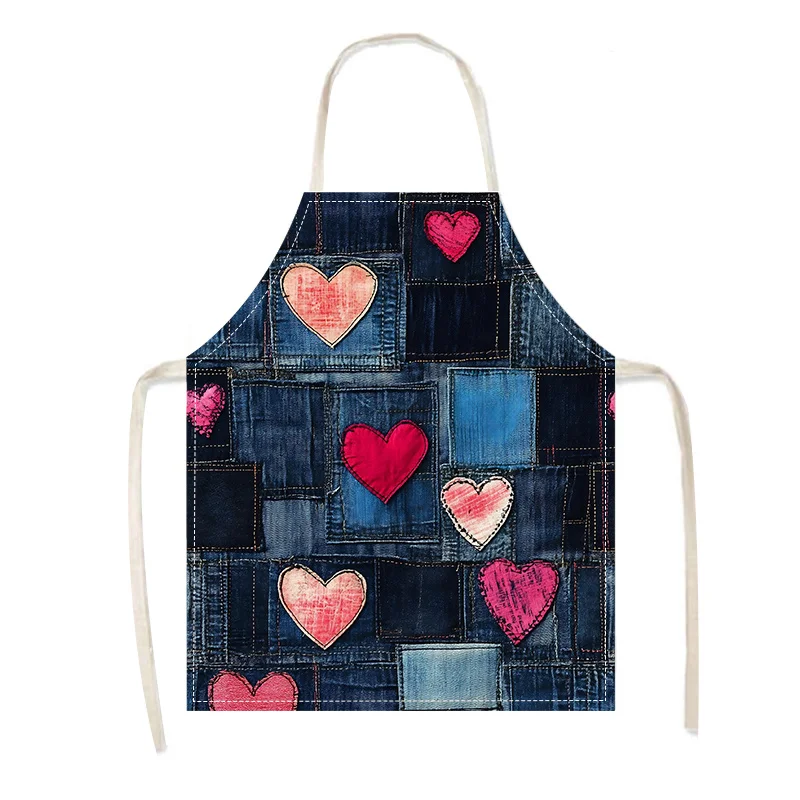 Denim Heart Patchwork Apron Linen Kitchen Cooking Baking Vintage Gift For Women Girls Mom