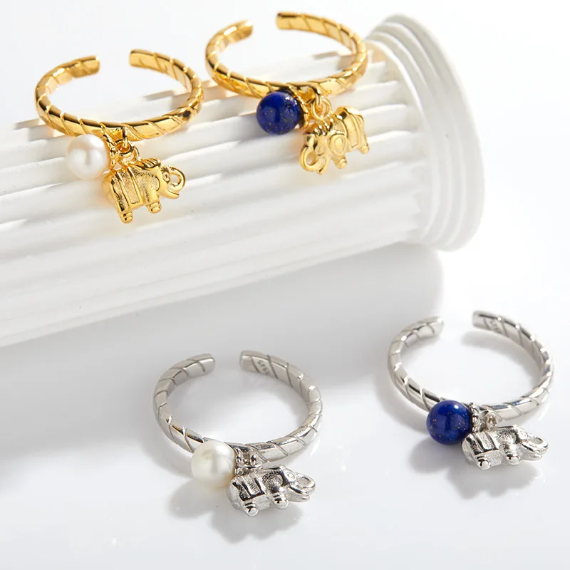 

Unique Design Colorful Gemstone Rings925Sterling Silver Inlaid Natural Lapis Lazuli Pearl Ring Women's Fashion Open Ring