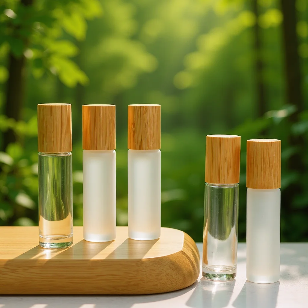 

10ml Frosted Glass Roll-on Bottle with Bamboo Lid, Essential Oil Perfume Refillable Container, Stainless Steel Roller Ball