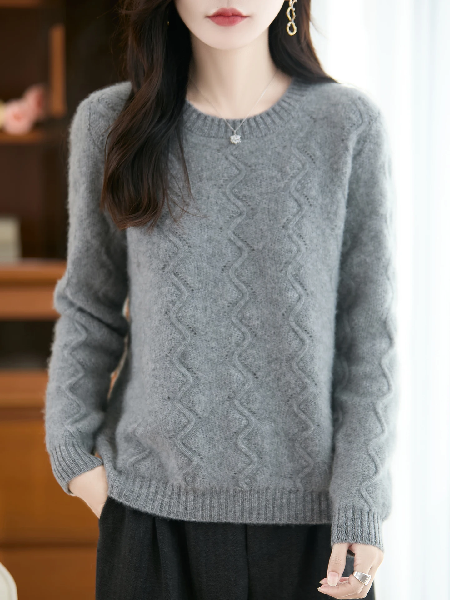 100% Merinowolle Frauen Modische Pullover Oansatz Einfarbig Welligkeit Muster Stricken Dicke Top Herbst Winter Casual Kleidung