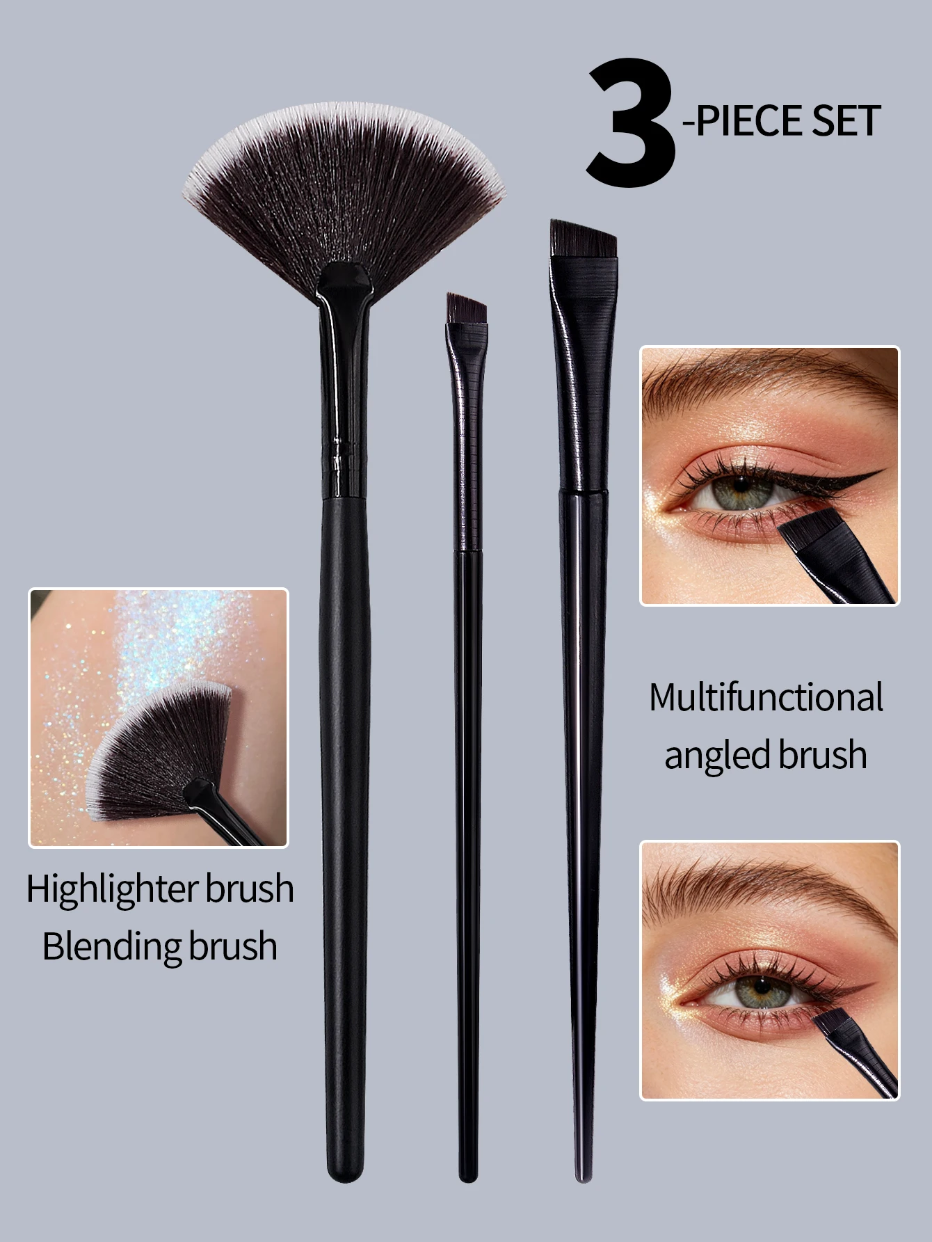 3PCS Fan Highlighter Brush Angled Eyebrow Eyeliner Makeup Brushes Set Soft Synthetic Hair Precise Eye Face Cosmetic Brushes