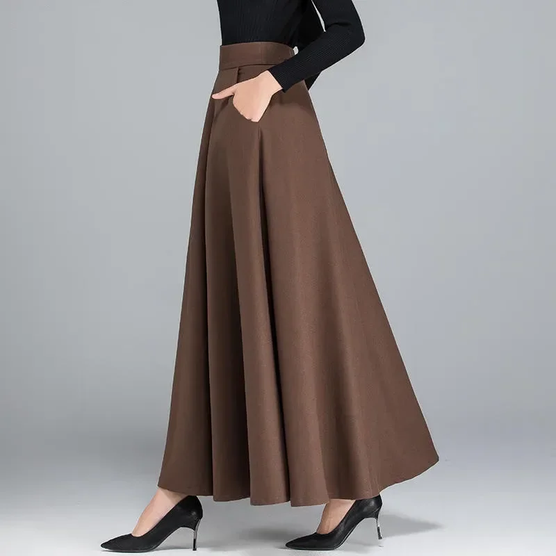 

Autumn Winter Long Black Skirts Womens Elegant Solid High Waist Pleated Skirt Jupe Femme Streetwear A-Line Skirts Faldas Q5039